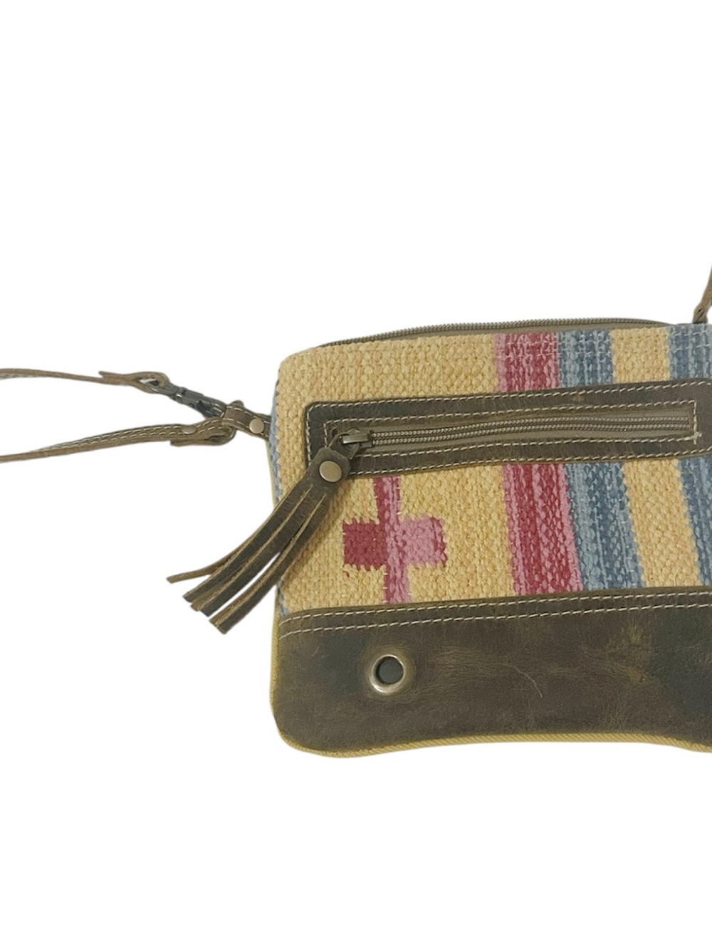 Myra Bag Kilim Canvas Leather Wristlet Pouch Boho Tassel Fringe Multicolored